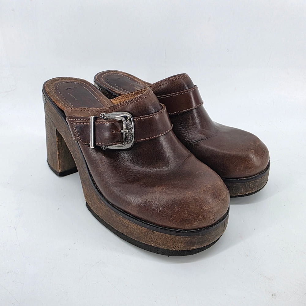 Candie's Vintage Leather Platform Clogs Brown Buckle Wood Heel Size 7